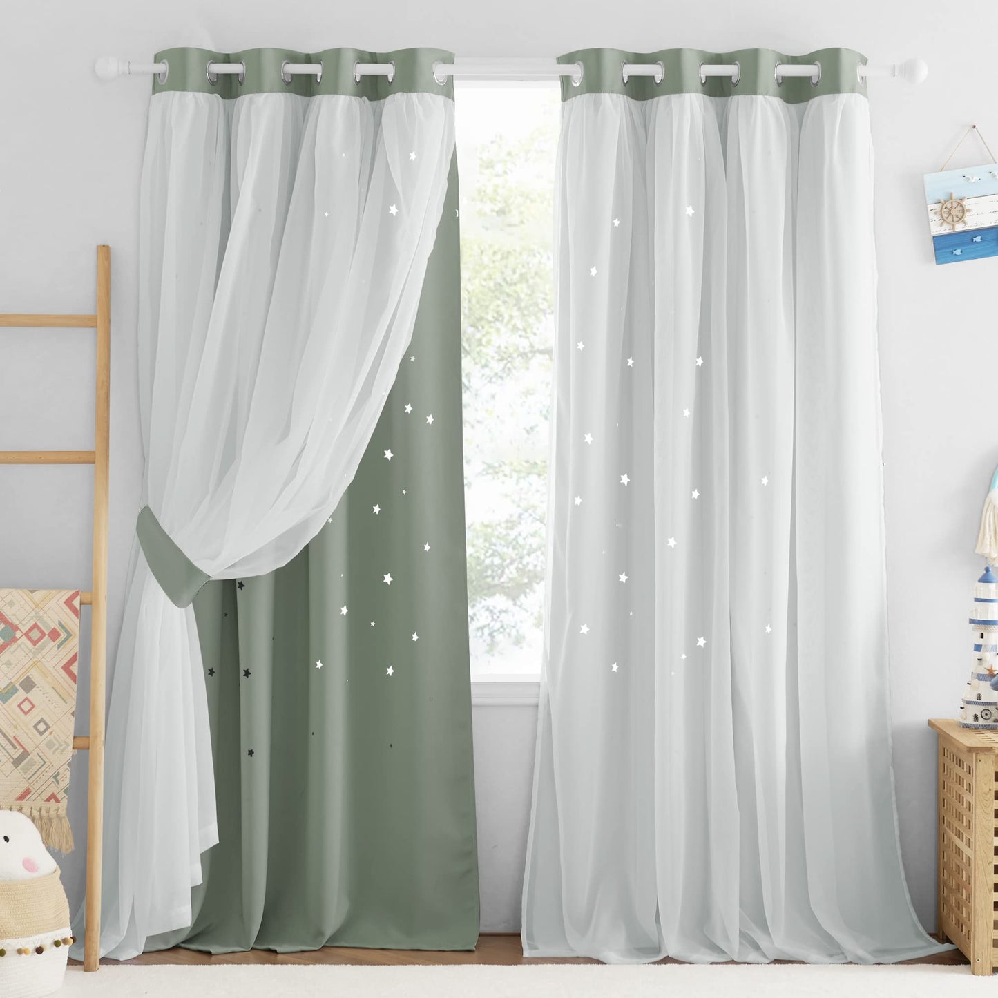 NICETOWN Nursery Curtains for Kids, Farmhouse Blackout Curtain Panels for Bedroom, Double Layer Star Hollow-Out Grommet Aesthetic Living Room Toddler Window Curtains, 2 Pcs, W52 x L84, Biscotti Beige