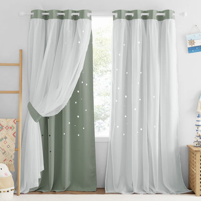 NICETOWN Nursery Curtains for Kids, Farmhouse Blackout Curtain Panels for Bedroom, Double Layer Star Hollow-Out Grommet Aesthetic Living Room Toddler Window Curtains, 2 Pcs, W52 x L84, Biscotti Beige