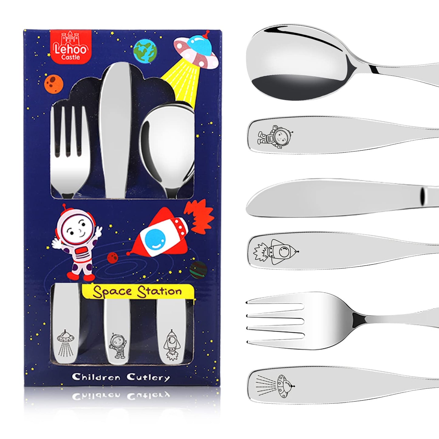 Lehoo Castle Kids Silverware Stainless Steel 6 Piece - Toddler Spoons and Forks Knife Set, Metal Kids Cutlery Set, Toddler Utensils Self Feeding (Dinosaur World)