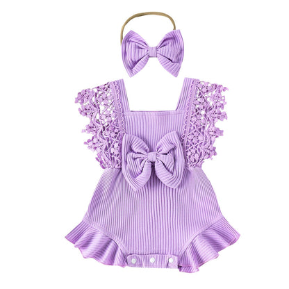 Newborn Baby Girl Lace Romper Ruffle Sleeveless Backless One Piece Jumpsuit Bodysuit with Headband Summer Clothes