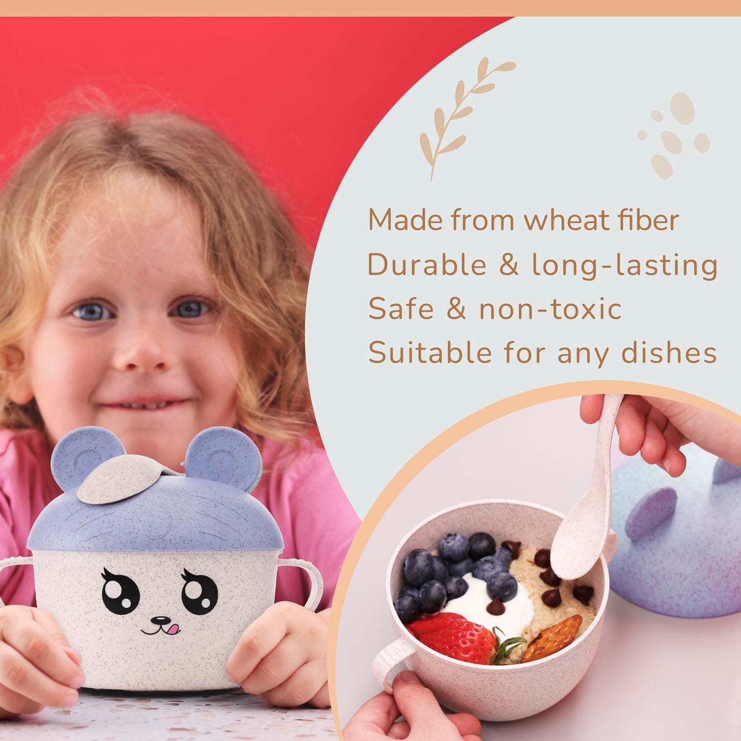 Wheat Straw Bowl with Lid & Spoon - BPA Free - Snack Bowls - Lightweight Plates, Reusable, Microwave & Dishwasher Safe - Wheat Straw Dinnerware - Camping Bowls