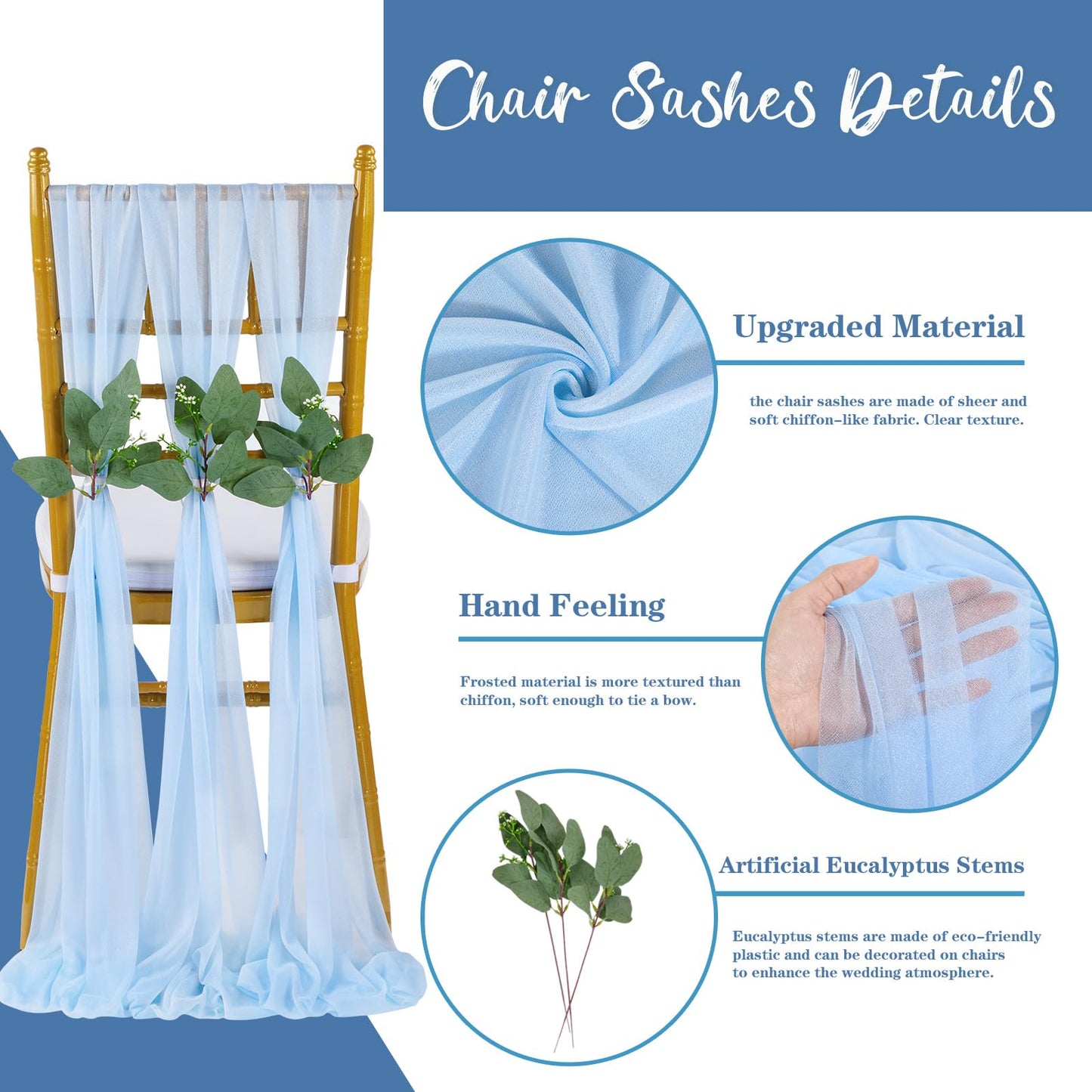QueenDream Light Blue Sashes Chair Aisle Decorations: 24 Pack Baby Shower Chair Cover 8FT Long Tulle Draping Fabric Wedding Reception Church