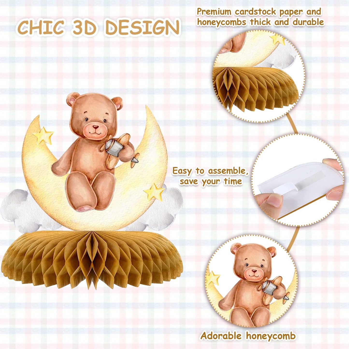 Tarklanda 9 Pcs Bear Baby Shower Honeycomb Centerpieces for Boys Party Decorate,Little Bear Balloons Cutouts Table Topper Honeycomb 3D Table Decoration for Kids Baby Shower Birthday Party Supplies