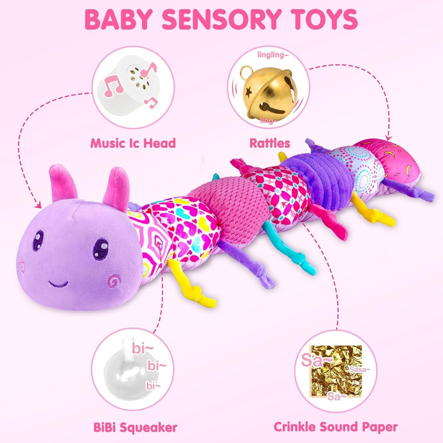 KaeoHye Baby Infant Musical Stuffed Animal Soft Toy with Multi-Sensory Crinkle, Rattle & Textures,Baby Girl Toy Birthday Gift for 0 3 6 9 12 Months+,Caterpillar,Purple