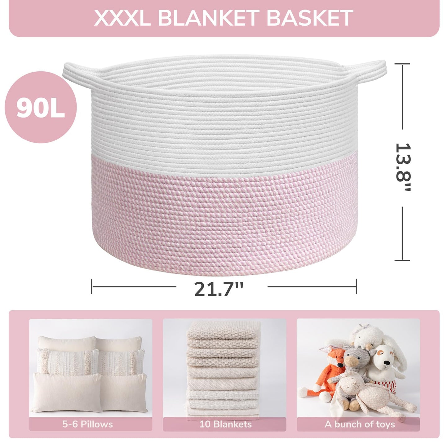 INDRESSME XXXLarge Cotton Rope Basket 21.7" x 21.7" x 13.8" Woven Baby Laundry Blanket Basket Toy Baskets with Handle Storage Comforter Cushions Thread Laundry Hamper