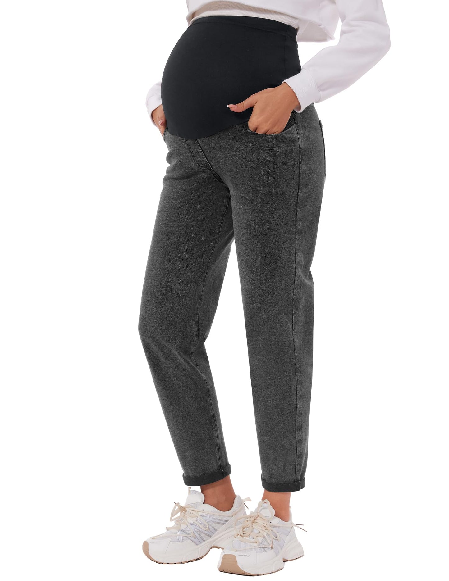 POSHGLAM Women's Maternity Jeans Over Belly Comfy Stretch Boyfriend Jeans Loose Pregnancy Pants, S-XXL