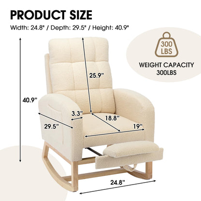 NIOIIKIT Modern Nursery Rocking Chair, Teddy Upholstered Rocking Chair with Footrest, Comfortable Glider Rocker with Side Pocket for Living Room, Bedroom, Nursing Room (Beige)