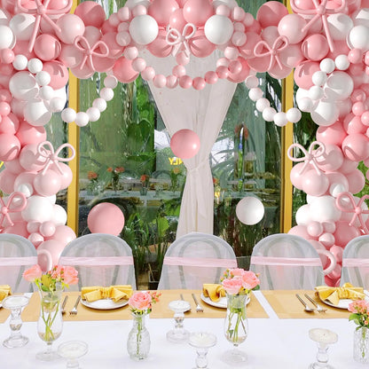 Pink Balloon Garland Arch Kit, Coquette Birthday Decorations 176Pcs Bow Long Balloons White and Pink Different Sizes for Wedding Bridal Baby Shower Bachelorette Party