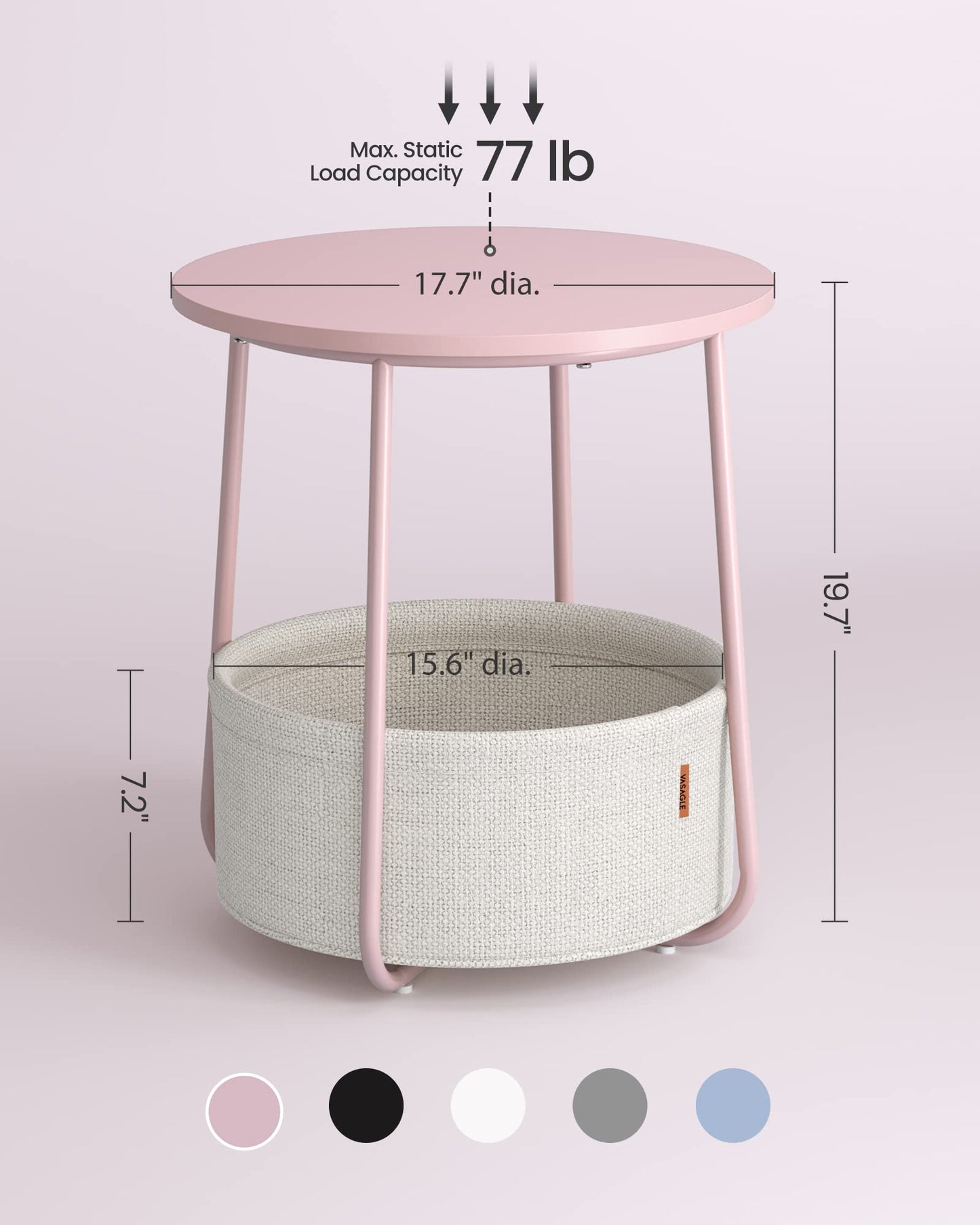 VASAGLE End Table, Small Bedside Table with Fabric Basket, Modern Nightstand, Round Side Table, for Living Room, Bedroom, Matte White and Camel Brown ULET223W10