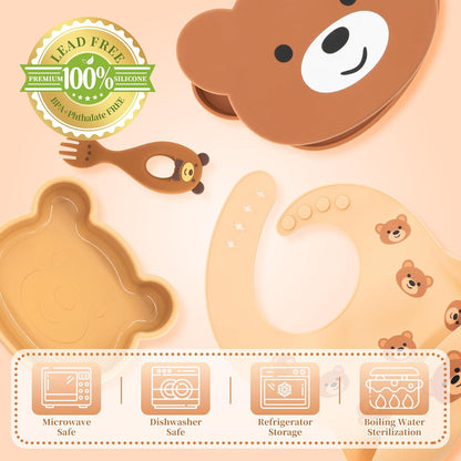 Silicone Baby Feeding Set 7 Pcs, Baby Led Weaning Supplies, Baby Feeding EatincSupplies Set BPA Free, Baby Essentialsfor Newborn Gift Bear