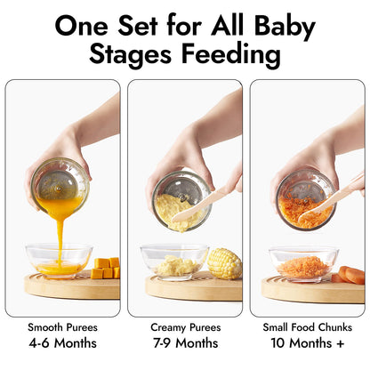 NCVI Puree Baby Food Processor Glass Set, Mini Infant Food Maker Blender Machine with 8 Blades and Grinding Disc, Small Blender for Baby Food Including Containers, Silicone Tray and Tableware