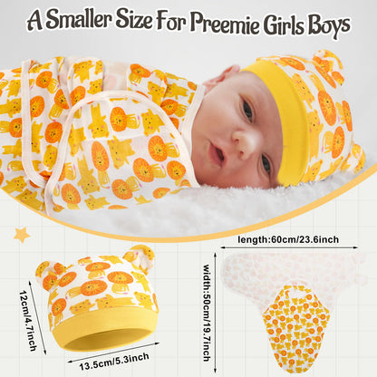 Buryeah 4 Pack Preemie Swaddle Blanket Wrap Set with Hat for Baby Boys Girls 3-7 Lbs Preemie Newborn Clothes Sleepers Cap
