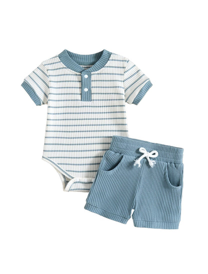 Baby Boy Outfits Ribbed Short Sleeve Striped Romper Top Solid Shorts with Pocket Baby Boy Summer Clothes 0-18M