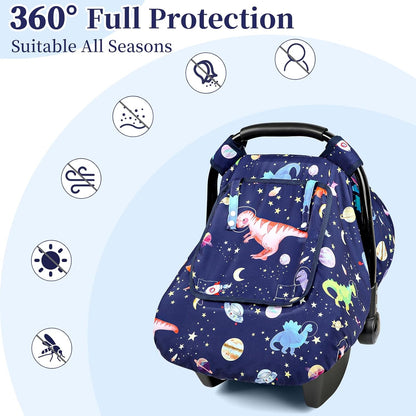 Baby Car Seat Cover Winter, Windproof Blue Carseat Covers for Newborn with 2 Layers Window, Dinosaurs Infant Car Seat Canopy for Boys with Minky Dot Backing, Keeps Babies Warm and Cozy