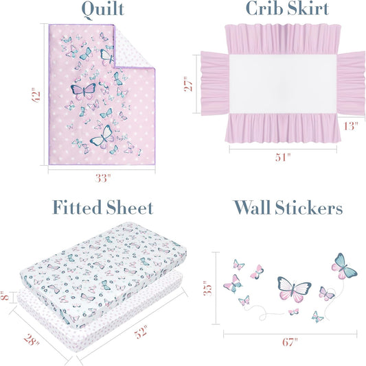 Butterfly Crib Bedding Set for Girls - 5 Pieces Including Baby Girl Blanket, 2 Crib Sheets, Crib Skirt, and Purple Butterfly Wall Sticker - White & Pink - Butterfly Nursery Decor