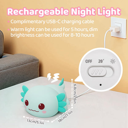 Huggwaii Squishy Axolotl Night Light for Kids – Dimmable Silicone Axolotl Lamp, 2025 Upgraded Baby Night Light, Rechargeable, 20H Battery Life, Sleep Aid Gift for Toddlers, Girls&Room Decor