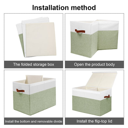 Large Toy Storage Box with Lid, Sturdy Toys Storage Chest Bin Organizer Basket with Dividers for Kids, Boys, Girls, Nursery, Closet, Bedroom, Playroom 25"x13" x16" (Beige and White)