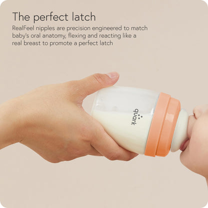 BuubiBottle Max Slow Flow Bottle for Newborn Babies by Quark - with Anti-Colic RealFeel Nipple to Simulate Breastfeeding - BPA-Free, PVC-Free, Toxin-Free - 8 Oz Bottle with Lid, 2 Pack - Orange
