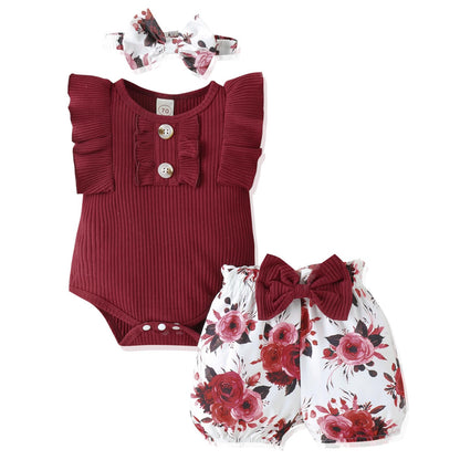 Newborn Baby Girl Clothes Outfits Ruffle Romper and Short Pant Sets with Headband Infant Bodysuits