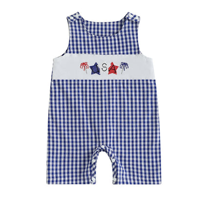 Baby Boy Summer Clothes Sleeveless Embroidery Dinosaur Striped Retro Romper Jumpsuit Smocked Shortall