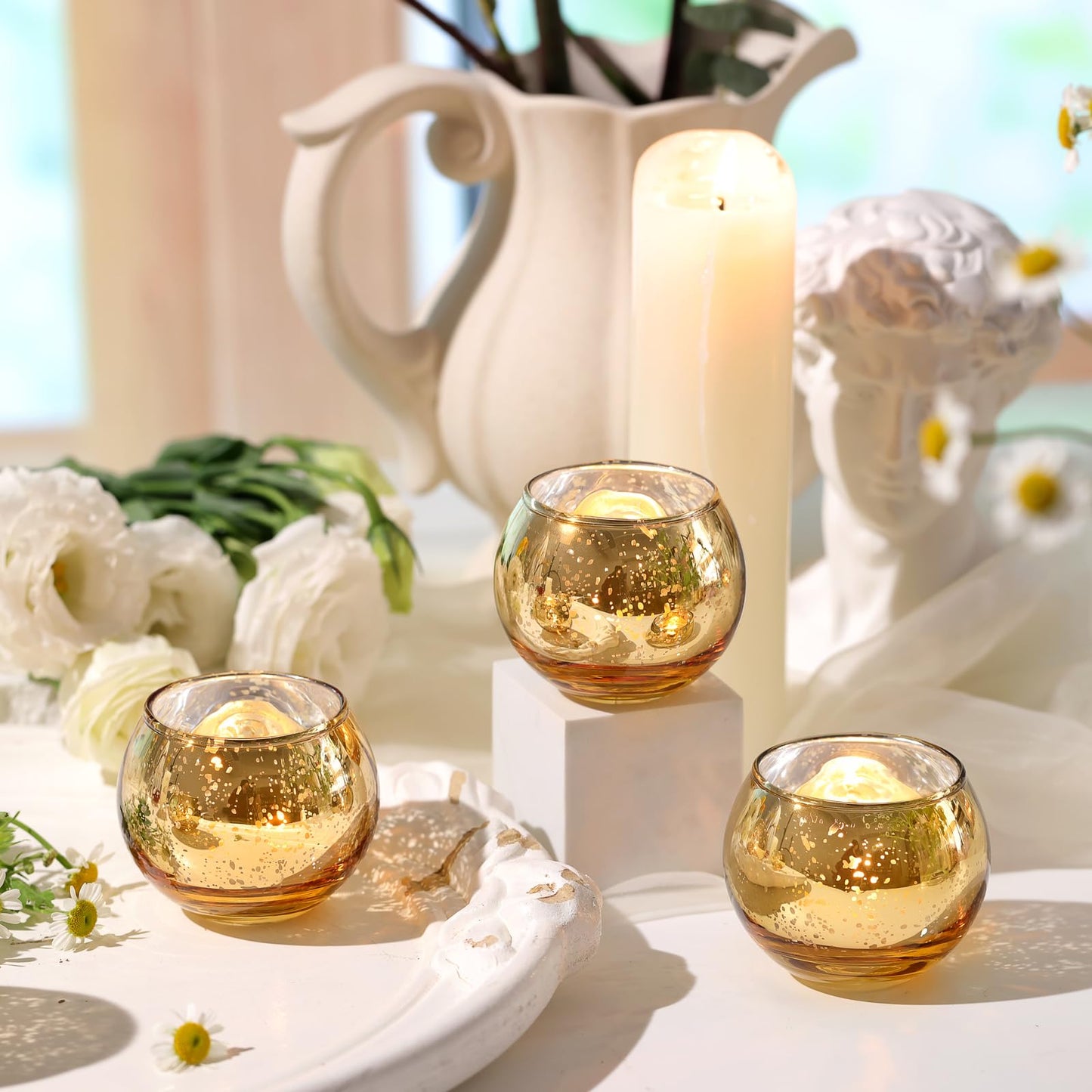 Volens Round Blue Votive Candle Holders Set of 12, Blue Wedding Centerpiece Table Decorations, Mercury Glass Tealight Candle Holder for Bridal Shower, Baby Shower & Home Decor