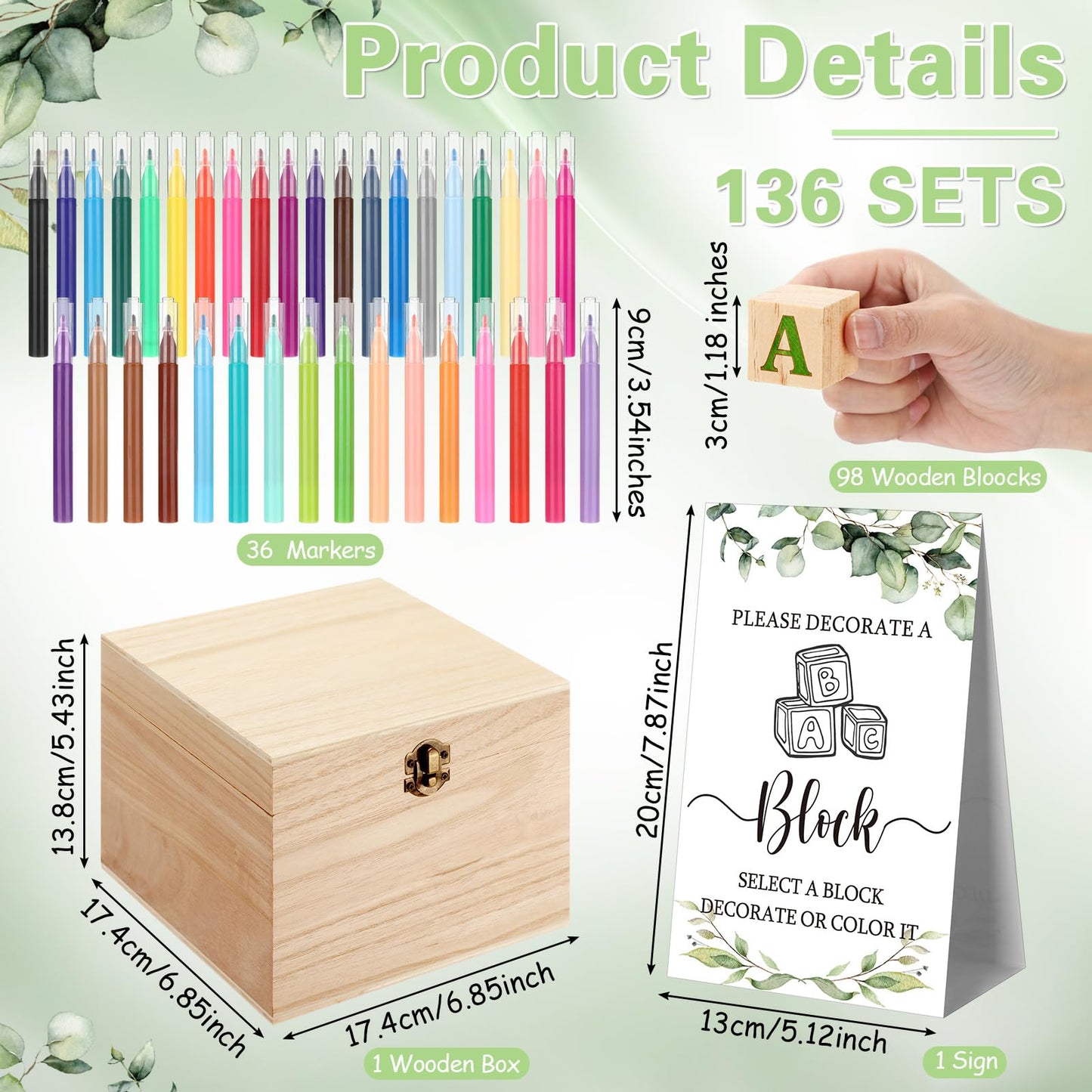 Marsui 136 Pcs Baby Shower Blocks to Decorate Game Kit Includes 98 Wooden Blocks, 36 Markers, 1 Game Sign, 1 Storage Box for Baby Shower Gender Reveal Activity Party Decorations(Pink Elephant)
