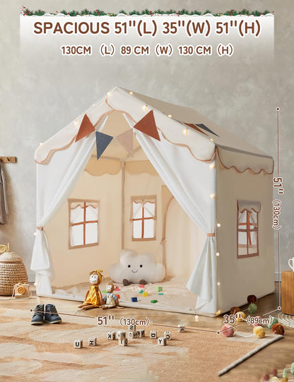 BESREY Kids Play Tent - 2 in 1 with Padded Mat & Lights, Large Playhouse with 2 Doors & 4 Windows, Indoor & Outdoor, Christmas Toddler Play Tent, 51" x 35" x 51
