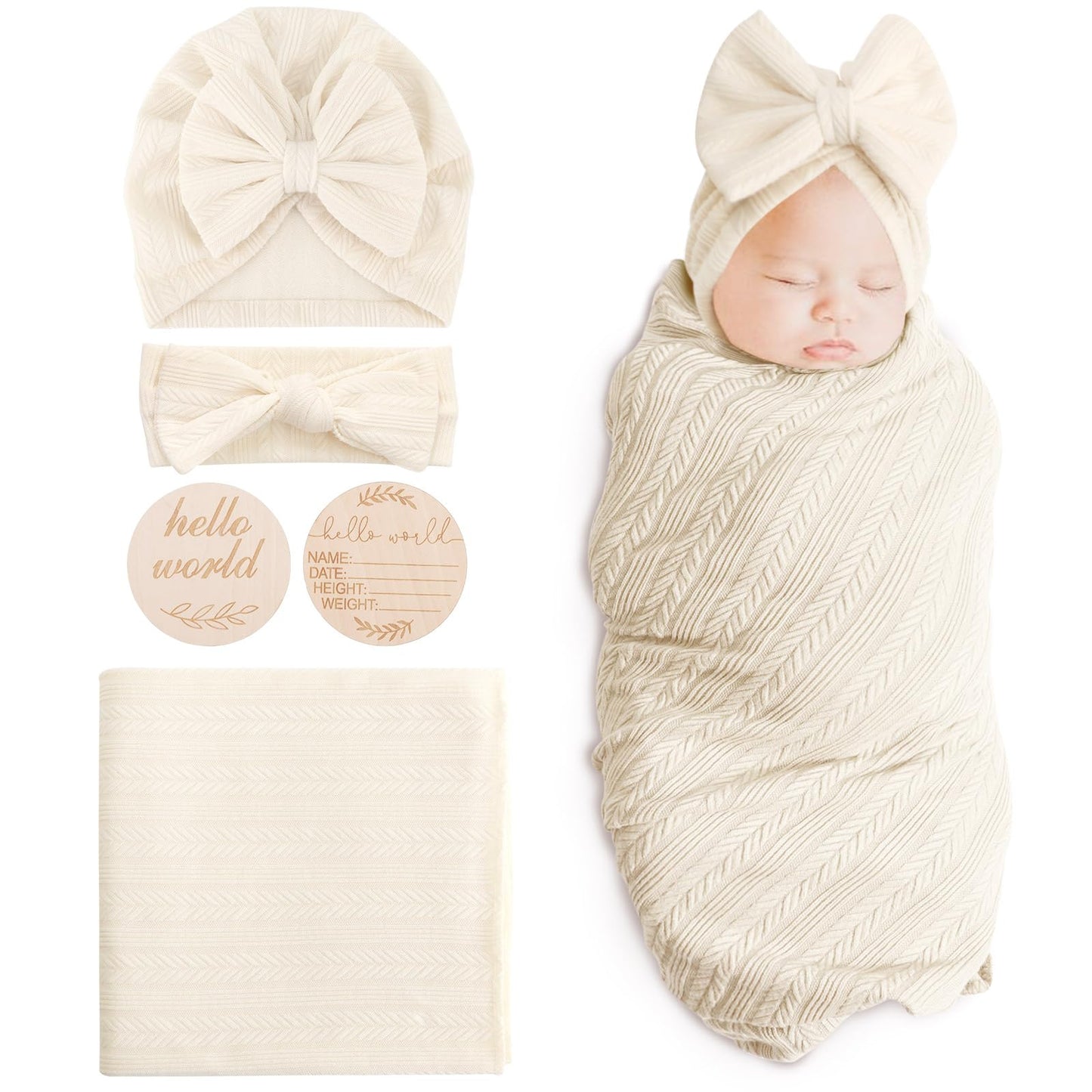 DRESHOW BQUBO Baby Swaddle Blankets for Girls, 4PCS Newborn Accessories Set with Matching Hat and Bow Headband with Card