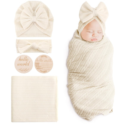 DRESHOW BQUBO Baby Swaddle Blankets for Girls, 4PCS Newborn Accessories Set with Matching Hat and Bow Headband with Card