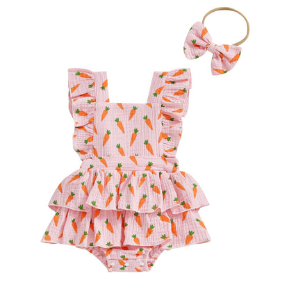 Baby Girls Flutter Sleeve Ruffles Layered Romper Dress Cute Patterns Printed Holiday Outfit with Headband