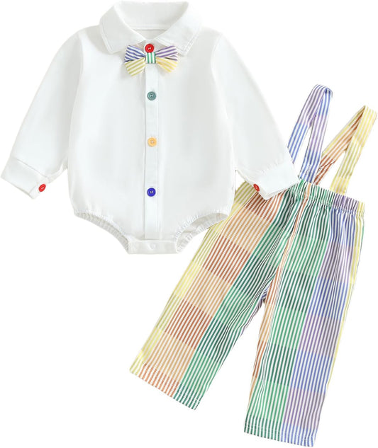 Infant Baby Boy Gentleman Outfit Long Sleeve Romper Bowtie Rainbow Striped Suspender Pants Set Dress Clothes Fall