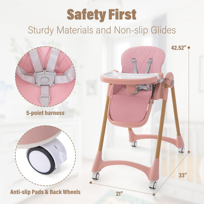 Portable High Chairs for Babies and Toddlers, 3-in-1 Foldable High Chair, Adjustable Height & Recline Baby Feeding Chair with Removable Tray, Adjustable Backrest, Pedal & Lockable Wheels Pink