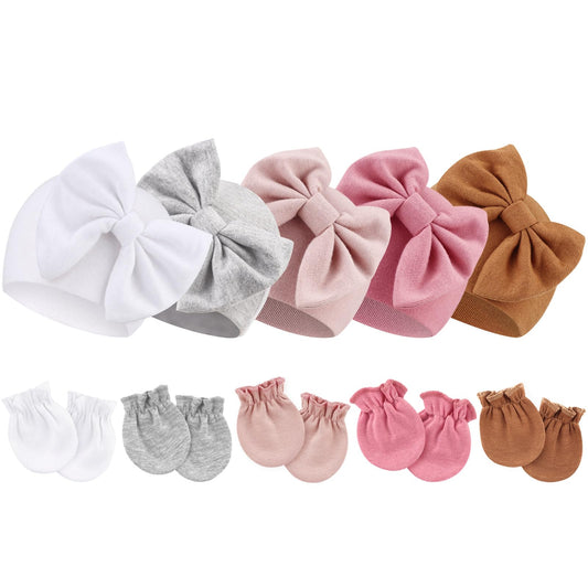 BQUBO Newborn Baby Girls Hats Mittens Set Hospital Hat Beanie Infant Bow Hats Baby Cotton Gloves for 0-6 Months