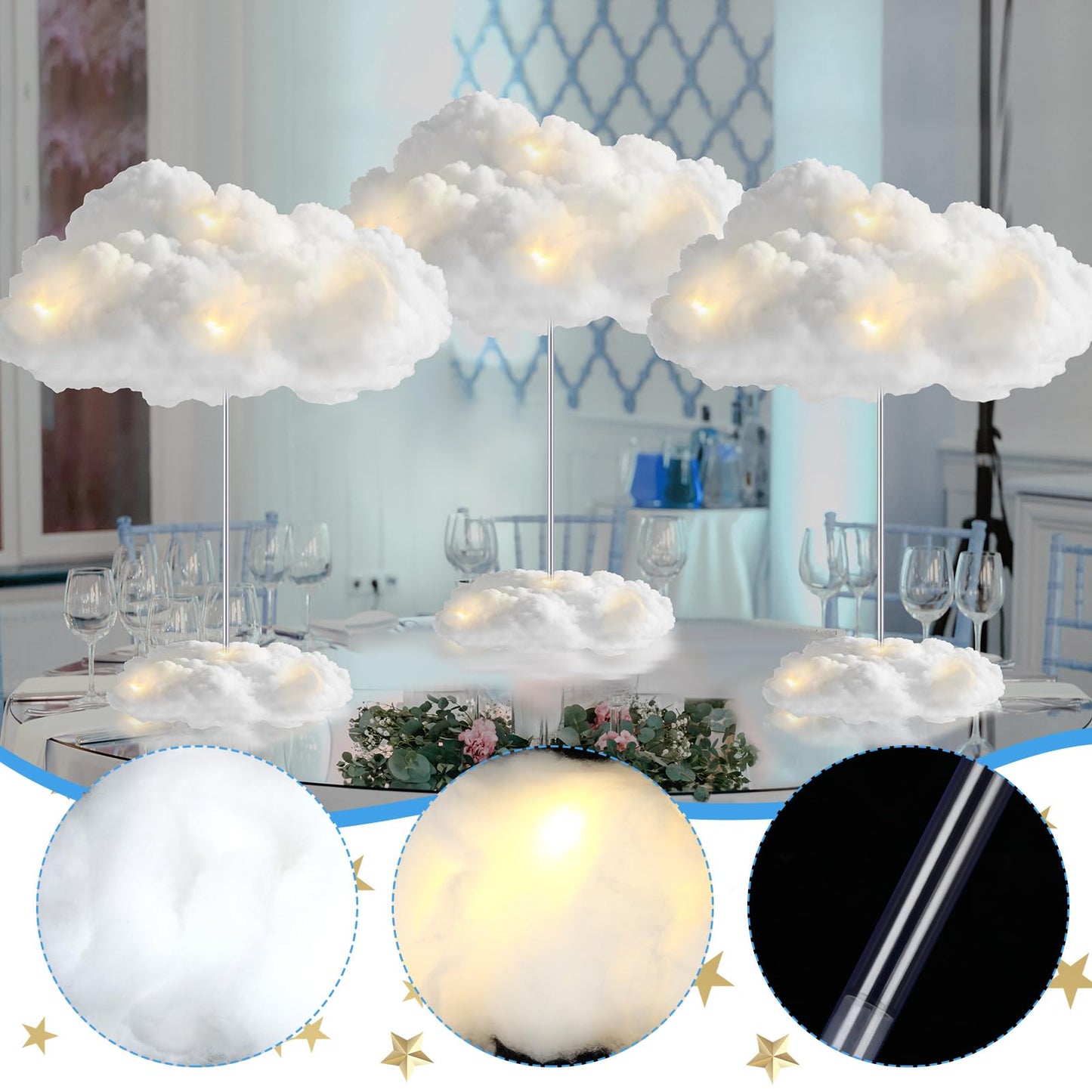 Wettarn 6 Set Cloud 3D Cloud LED DIY Lights Baby Shower Cloud Table Decor Hanging Cloud for Ceiling LED Cloud Kit Fake Cloud Ornament Artificial Cotton Cloud Prop for Wedding Bridal Party Room Decor