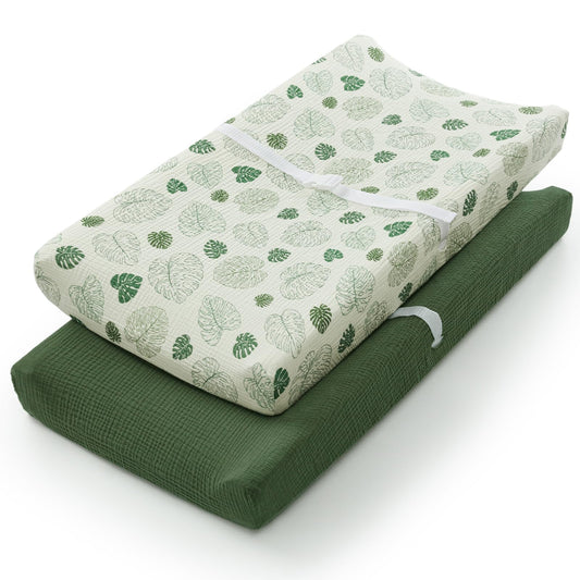 Blissful Diary Muslin Changing Pad Cover for Girls Boys, Ultra Soft Breathable Cotton, Baby Diaper Change Table Pad Covers, 2Pack (Roman Green&Leaf)