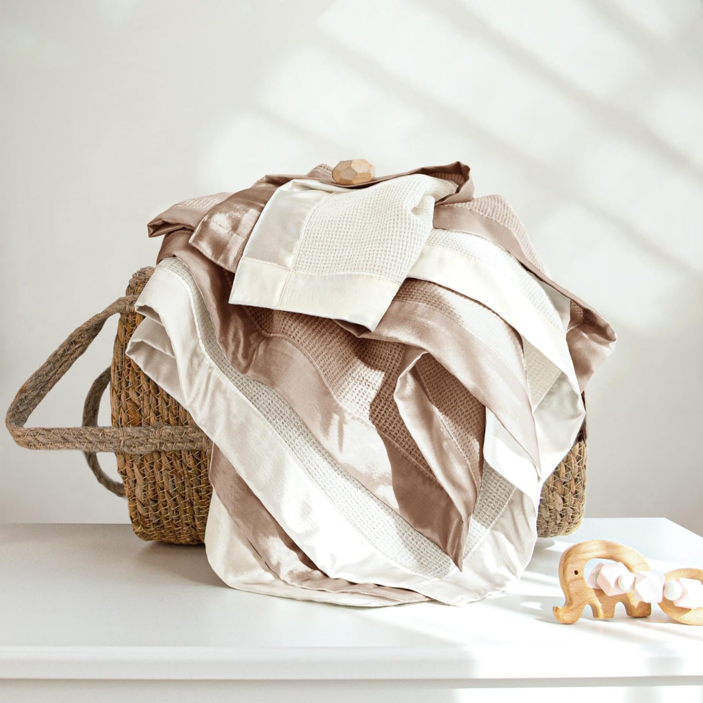 Swaddle Baby Blanket: Waffle Blanket with Satin Strim - Soft Breathable Toddler Blanket for Nursing Cover - Cotton Crib Blanket for Naptime（Cream）