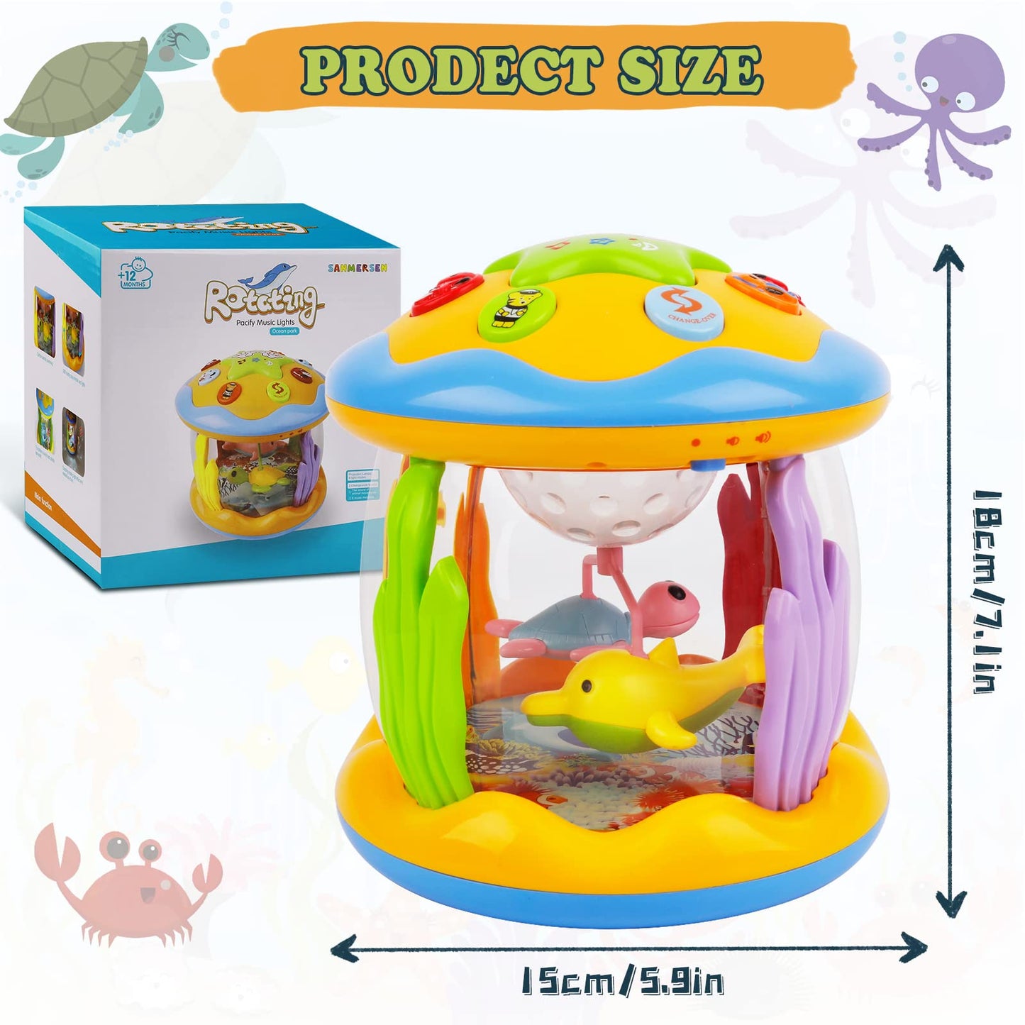 M SANMERSEN Baby Girl Toys 6-12 Months - Babies Ocean Rotating Projector Light Up Musical Toys for 12-18 Months Crawling Learning Tummy Time 1 2 Years Old Infant Boys Girls Gifts - Pink