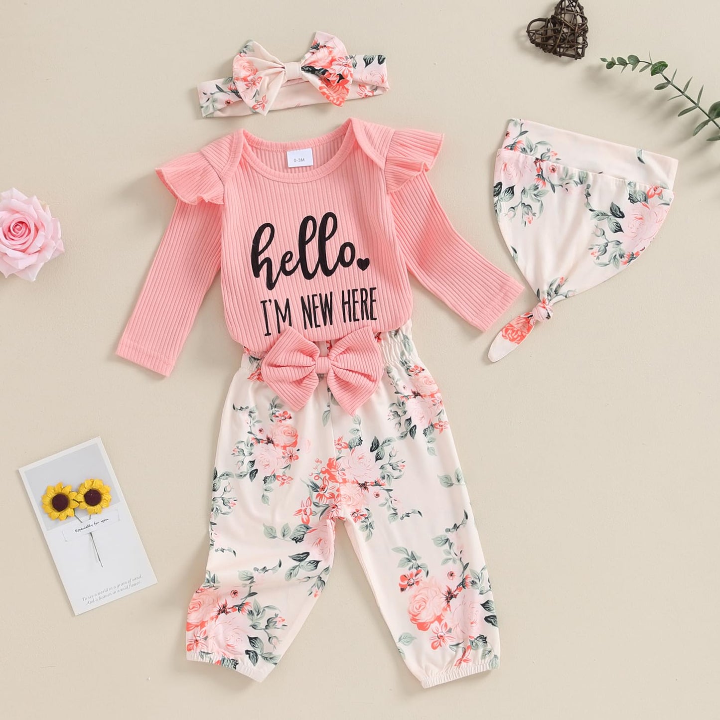 Hello World Newborn Outfit Baby Girl Going Home Outfit Ruffle Ribbed Romper Top Floral Pants Set Cute Summer Clothes
