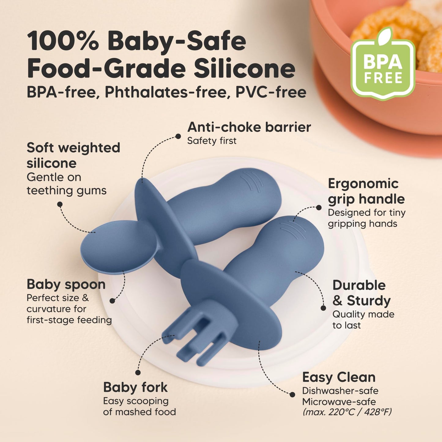 KeaBabies 4-Pack Silicone Baby Spoons and Forks Set - Baby Led Weaning Utensils 6-12 Months, Self Feeding Toddler Spoon & Fork for Training, Teething, Easy to Hold, BPA-Free Silicone (Roseate)