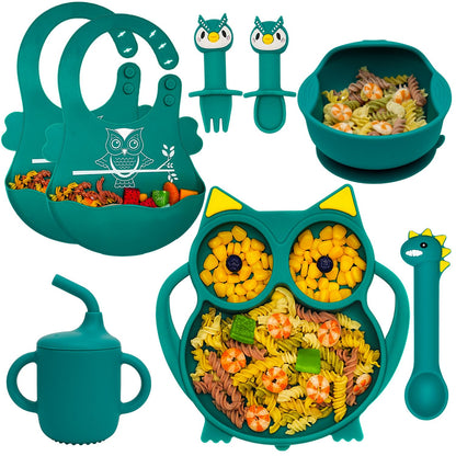 Silicone Suction Plates for Baby Toddler with Spoon Fork set Divided Dinosaurs Plates Self Feeding Training Baby Dinner Plate-Green Dinosaurs Plate Set