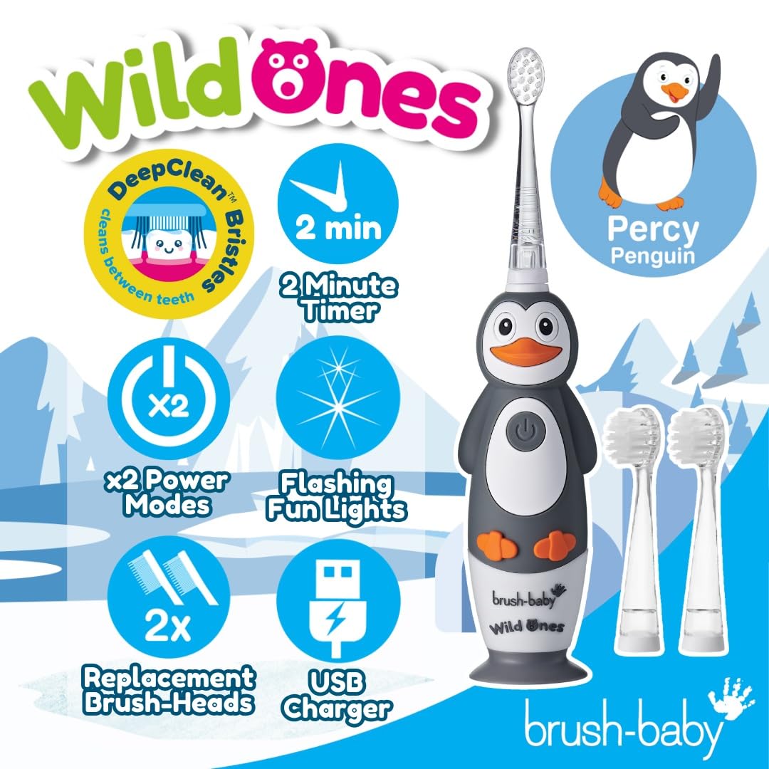 brush-baby WildOnes™ Rechargeable Kids Electric Toothbrush – Toby Tiger | Flashing Lights, 2-Min Timer, Waterproof, 3 Brush Heads | Toddler & Child Toothbrush Ages 0-10 | Soft Bristles