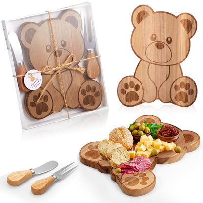1 Set Baby Shower Party Favors Bear Shaped Cheese Board Set, Include Small Wood Cutting Charcuterie Boards with Knives and Forks Gift Box for Wedding Bridal Shower Birthday (Acacia Color)