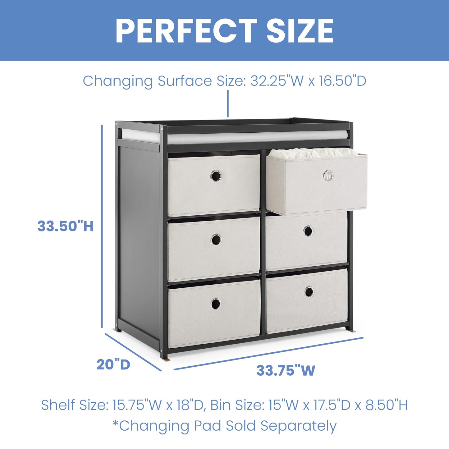 Delta Children Hayes Changing Table and Dresser for Bedroom with 6 Fabric Drawers, Charcoal Grey/Flax