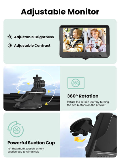 GROWNSY Baby Car Camera for 2 Kids, 7 in Ultrawide AHD Car Baby Monitor with 2 Camera, Backseat Mirror for Baby Rear Facing with Infrared Night Vision, Easily Observe Baby's Every Move