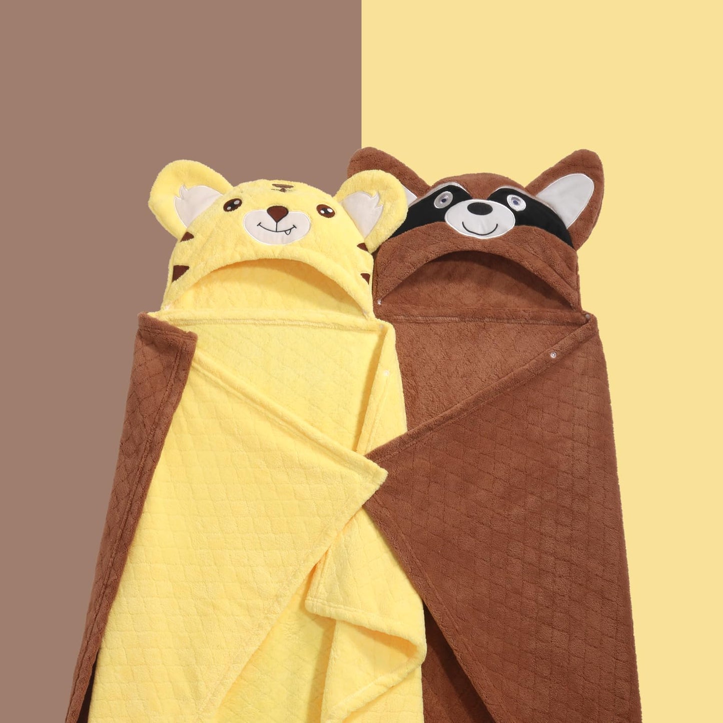 Hooded Baby Towels Boy for 0-6 Years, 50"x 32" Extra Large Toddler Bath Towels with Hood for Boys & Girls, 2-Pack Absorbent Thick Soft Gift for Kids Yellow Lion & Orange Monkey