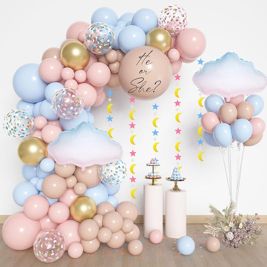 Amandir 185Pcs Gender Reveal Decorations, Double-Stuffed Pastel Pink and Blue Brown Nude Balloon Arch Kit White Cloud Hanging Moon Star Garland Boho Neutral Boy or Girl Bear Baby Shower Party Supplies