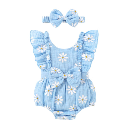YOUNGER TREE Newborn Baby Girl Clothes Ruffle Sleeve Rompers Infant Backless Floral Jumpsuit Summer Outfits with Headband