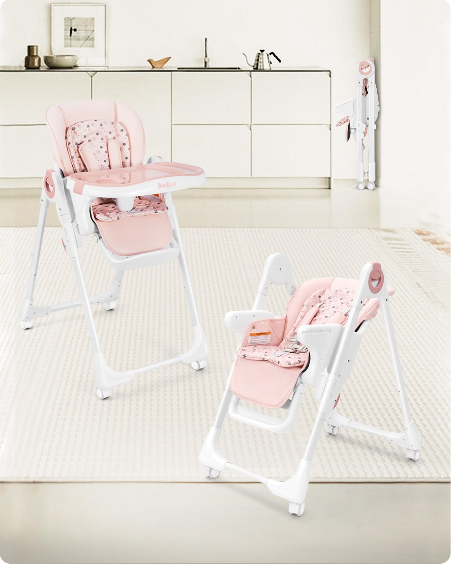 Convertible High Chairs for Babies and Toddlers, Foldable High Chair with Adjustable Backrest, Footrest and Tray, Baby Dinning High Chair with Lockable Wheels, Star Pink