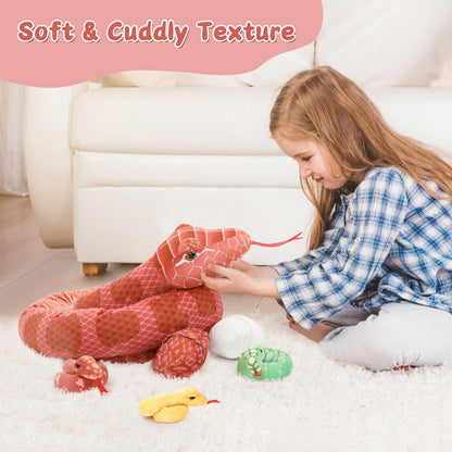 MorisMos Snake Stuffed Animals Plush Toy 120 Inch Giant Snake Plush with Babies Stuffed Snake Toys for Kids Plush Party Decorations Favors Prank Props, 4 Snake Babies, 3 Snake Eggs