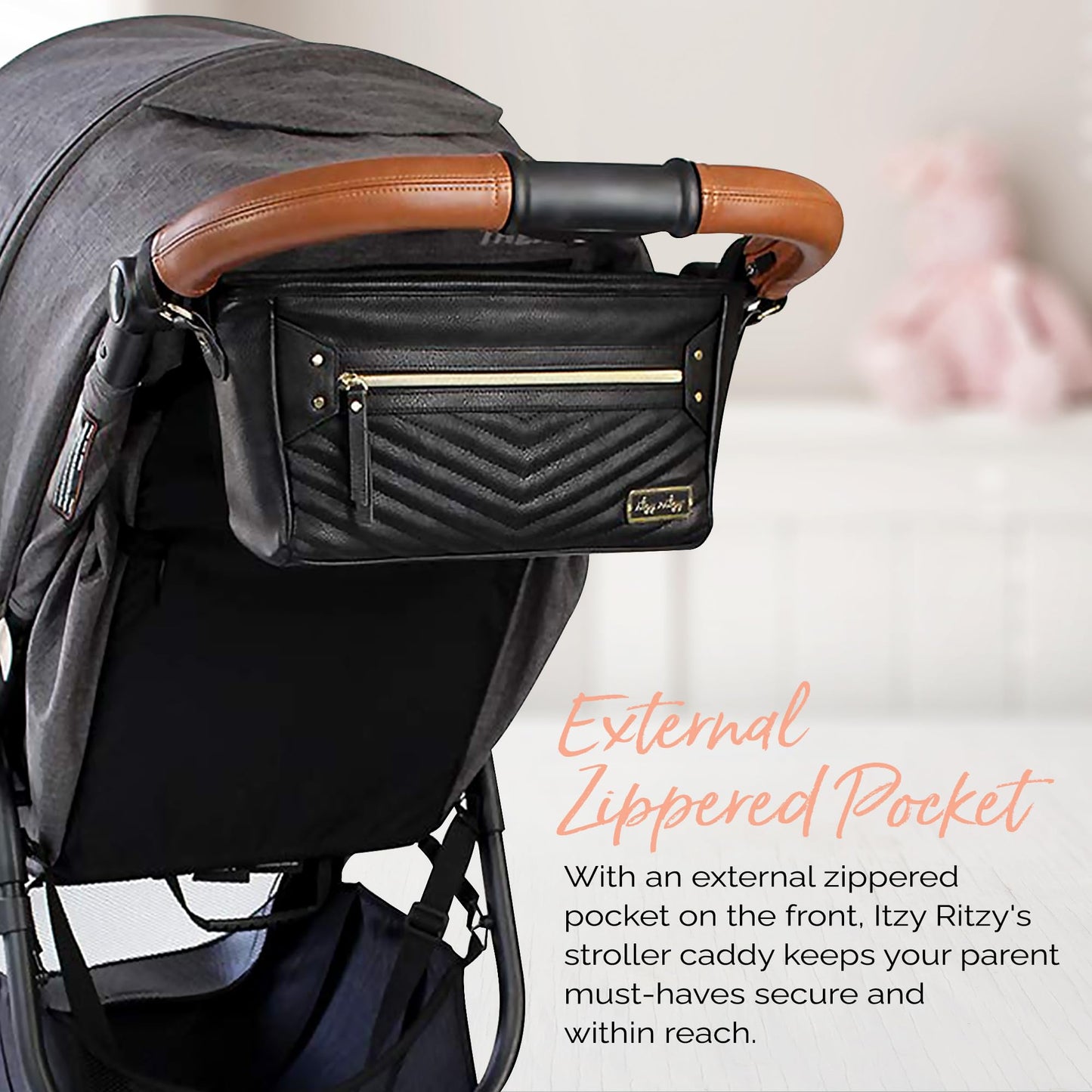 Itzy Ritzy Adjustable Stroller Caddy and Organizer Bag Featuring Front Zippered Pocket, 2 Built-in Interior Pockets & Adjustable Straps to Fit Nearly Any Stroller (Chai)